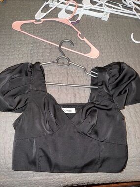 DO+BE Black Satin Puff Sleeve Crop Top